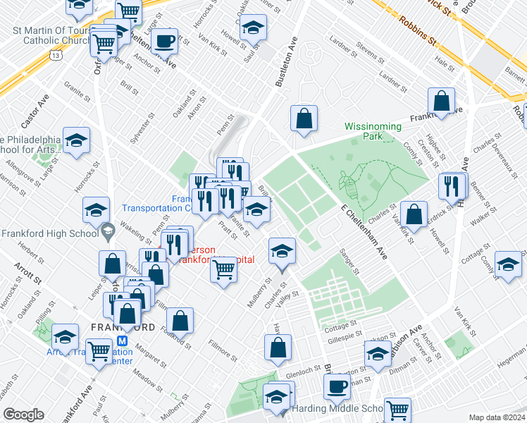 map of restaurants, bars, coffee shops, grocery stores, and more near 5328 Lesher Street in Philadelphia