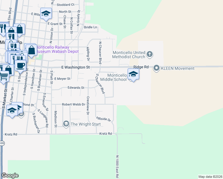 map of restaurants, bars, coffee shops, grocery stores, and more near 507 Prairie Lane Drive in Monticello