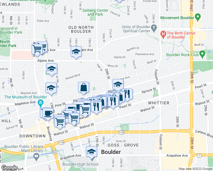 map of restaurants, bars, coffee shops, grocery stores, and more near 1913 Mapleton Avenue in Boulder