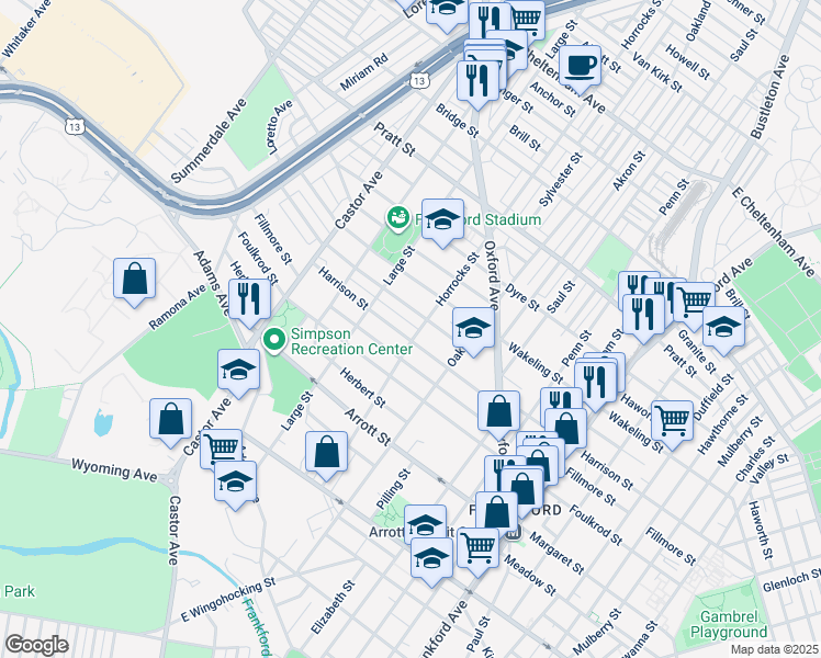 map of restaurants, bars, coffee shops, grocery stores, and more near 1143 Harrison Street in Philadelphia