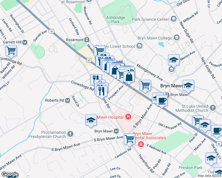 map of restaurants, bars, coffee shops, grocery stores, and more near 42 South Warner Avenue in Bryn Mawr