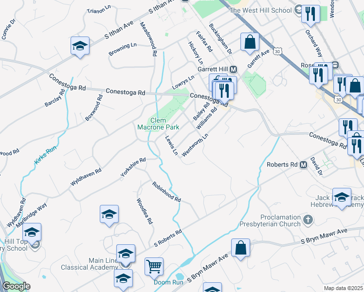 map of restaurants, bars, coffee shops, grocery stores, and more near 329 Williams Road in Bryn Mawr