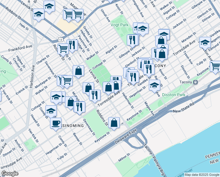 map of restaurants, bars, coffee shops, grocery stores, and more near 6420 Marsden Street in Philadelphia