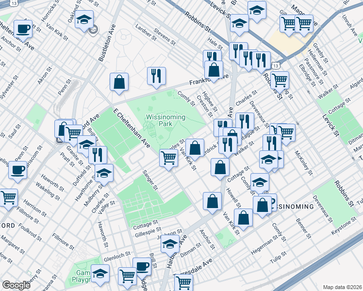 map of restaurants, bars, coffee shops, grocery stores, and more near 5801 Charles Street in Philadelphia