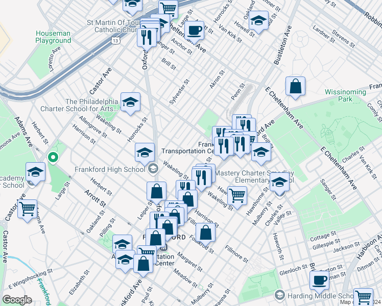map of restaurants, bars, coffee shops, grocery stores, and more near 5101 Leiper Street in Philadelphia