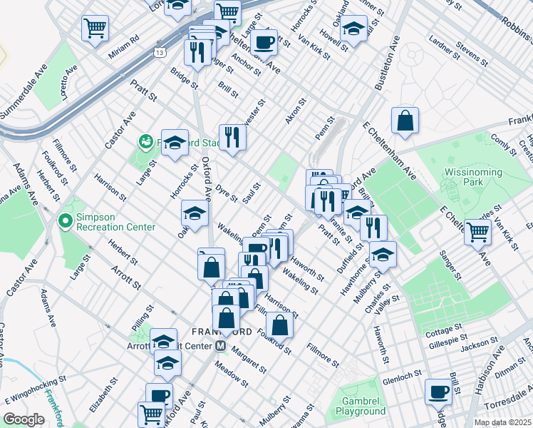 map of restaurants, bars, coffee shops, grocery stores, and more near 5120 Penn Street in Philadelphia
