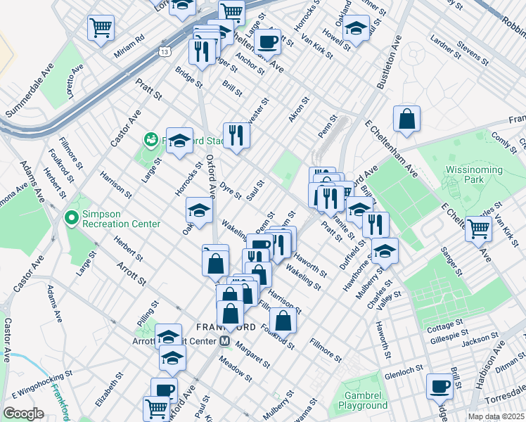 map of restaurants, bars, coffee shops, grocery stores, and more near 5101 Leiper Street in Philadelphia