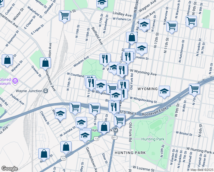 map of restaurants, bars, coffee shops, grocery stores, and more near 4536 North Hicks Street in Philadelphia