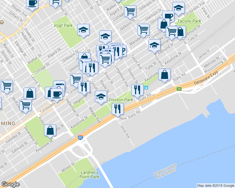 map of restaurants, bars, coffee shops, grocery stores, and more near 4915 Rawle Street in Philadelphia