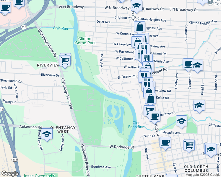 map of restaurants, bars, coffee shops, grocery stores, and more near 3011 Sunset Drive in Columbus