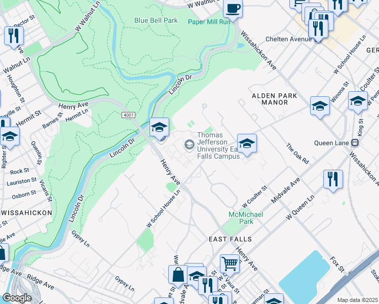 map of restaurants, bars, coffee shops, grocery stores, and more near 4201 Henry Avenue in Philadelphia
