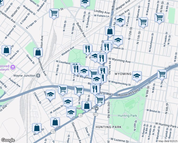 map of restaurants, bars, coffee shops, grocery stores, and more near 4536 North Hicks Street in Philadelphia