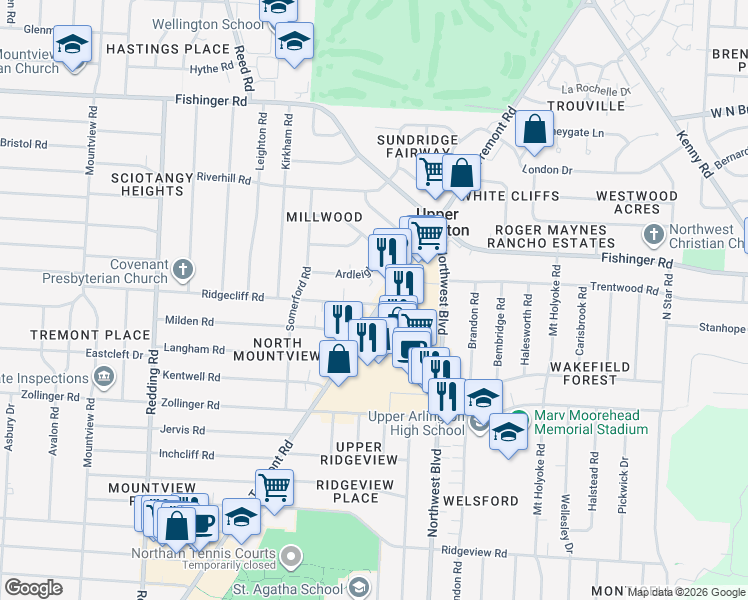 map of restaurants, bars, coffee shops, grocery stores, and more near 3237 Tremont Road in Columbus