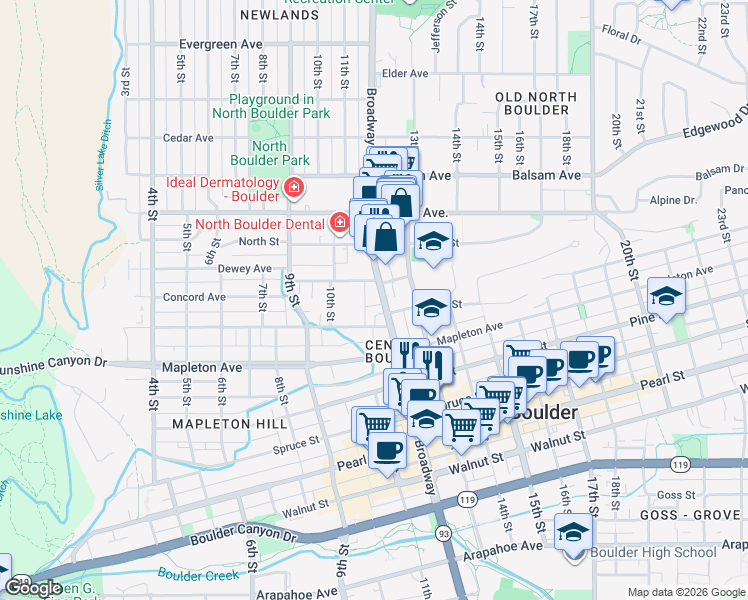 map of restaurants, bars, coffee shops, grocery stores, and more near 2453 Broadway Street in Boulder
