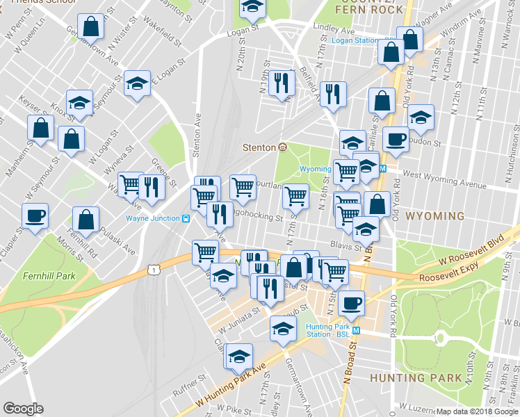map of restaurants, bars, coffee shops, grocery stores, and more near 4511 North 18th Street in Philadelphia