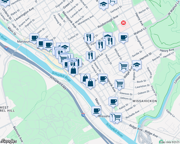 map of restaurants, bars, coffee shops, grocery stores, and more near 141 Davis Street in Philadelphia
