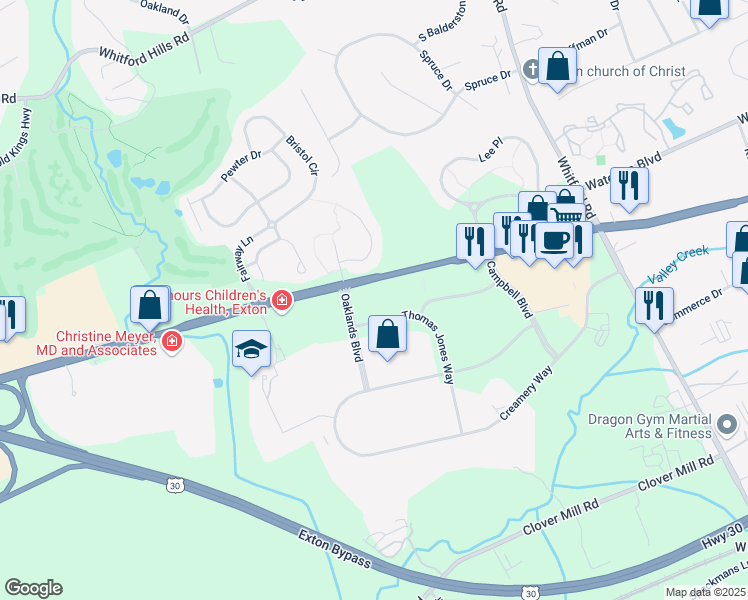 map of restaurants, bars, coffee shops, grocery stores, and more near 501 Thomas Jones Way in Exton
