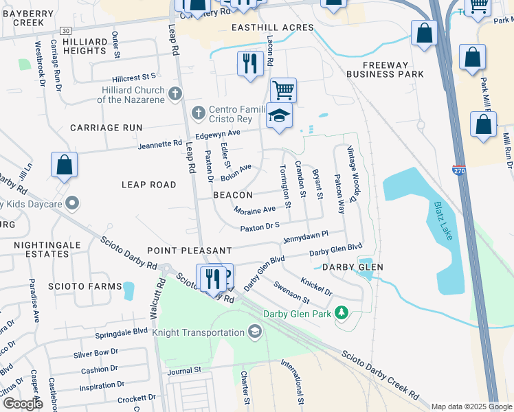 map of restaurants, bars, coffee shops, grocery stores, and more near 4493 Darley Court in Hilliard