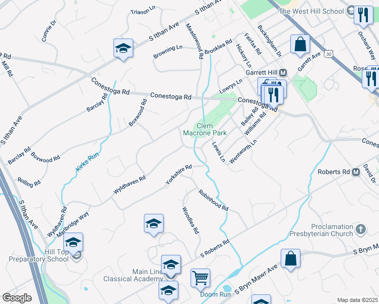 map of restaurants, bars, coffee shops, grocery stores, and more near 352 Yorkshire Road in Bryn Mawr