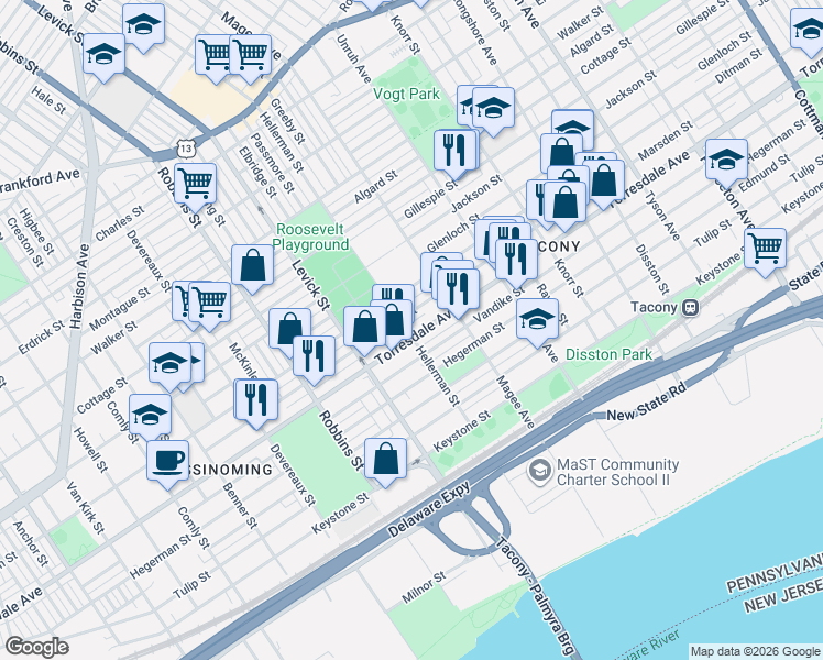 map of restaurants, bars, coffee shops, grocery stores, and more near 6524 Torresdale Avenue in Philadelphia