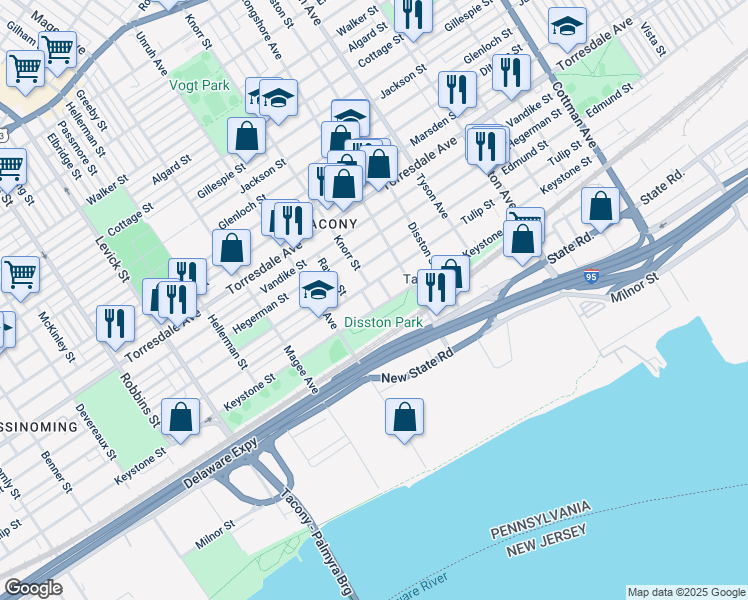 map of restaurants, bars, coffee shops, grocery stores, and more near 4915 Rawle Street in Philadelphia