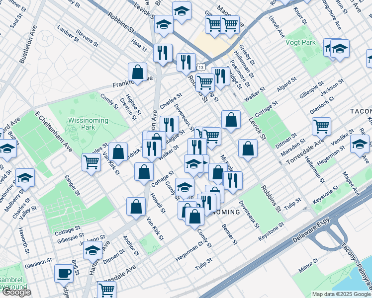 map of restaurants, bars, coffee shops, grocery stores, and more near 6132 Algard Street in Philadelphia