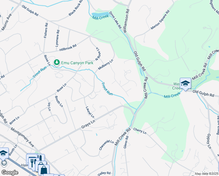 map of restaurants, bars, coffee shops, grocery stores, and more near 405 Richard Knolls in Haverford