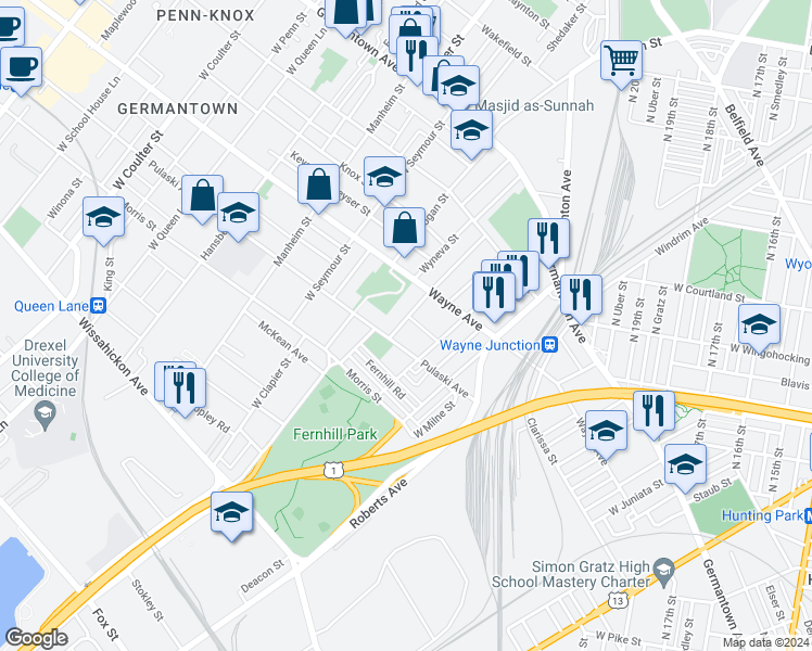 map of restaurants, bars, coffee shops, grocery stores, and more near 246 West Abbottsford Avenue in Philadelphia