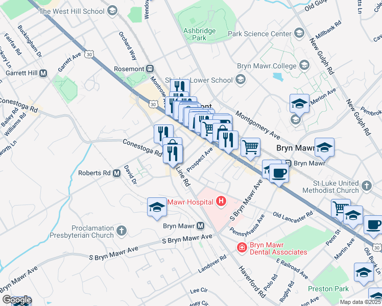 map of restaurants, bars, coffee shops, grocery stores, and more near 42 South Warner Avenue in Bryn Mawr