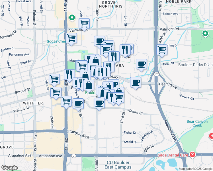 map of restaurants, bars, coffee shops, grocery stores, and more near 3080 Pearl Parkway in Boulder