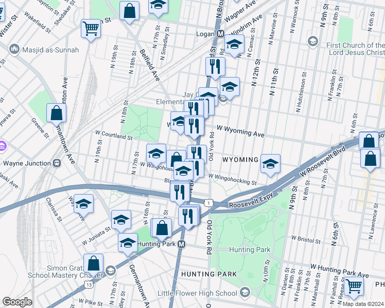 map of restaurants, bars, coffee shops, grocery stores, and more near 4538 North Broad Street in Philadelphia