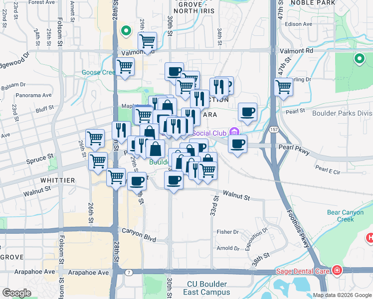 map of restaurants, bars, coffee shops, grocery stores, and more near 3080 Pearl Parkway in Boulder