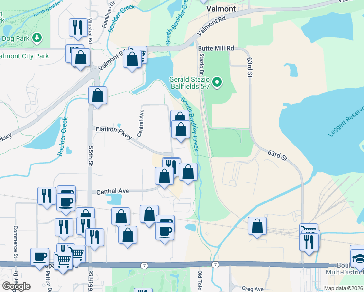 map of restaurants, bars, coffee shops, grocery stores, and more near 2300 Central Avenue in Boulder