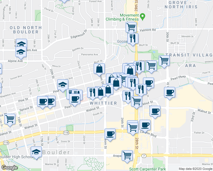 map of restaurants, bars, coffee shops, grocery stores, and more near 2525 Spruce Street in Boulder