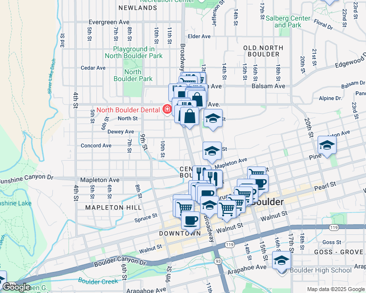 map of restaurants, bars, coffee shops, grocery stores, and more near 2463 Broadway in Boulder