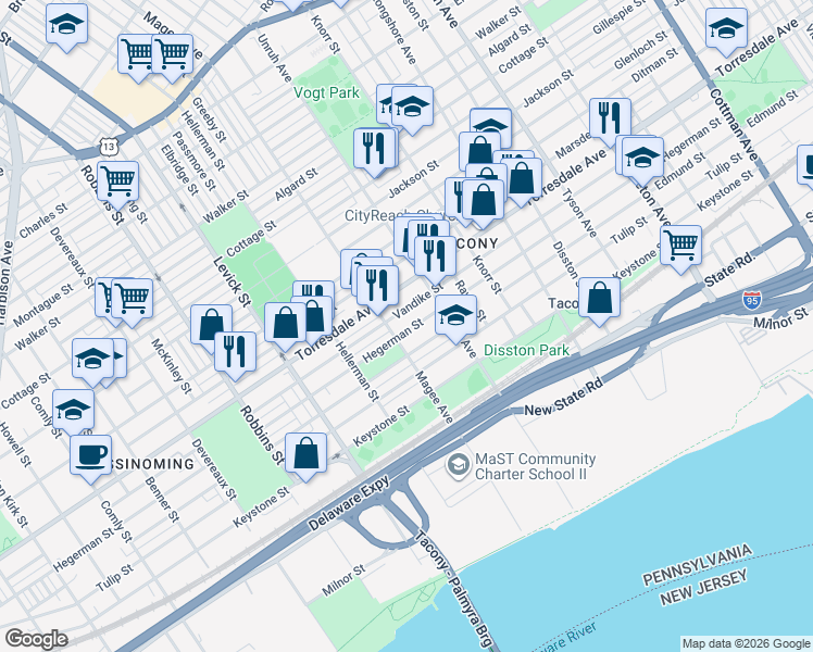 map of restaurants, bars, coffee shops, grocery stores, and more near 6634 Hegerman Street in Philadelphia