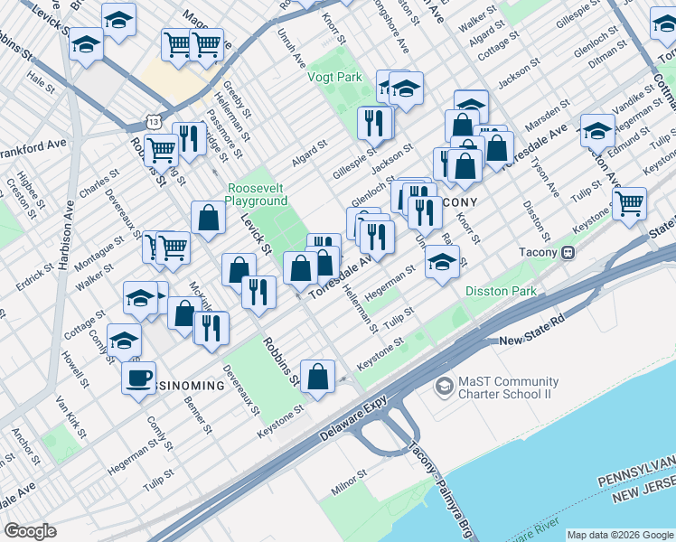 map of restaurants, bars, coffee shops, grocery stores, and more near 6524 Torresdale Avenue in Philadelphia