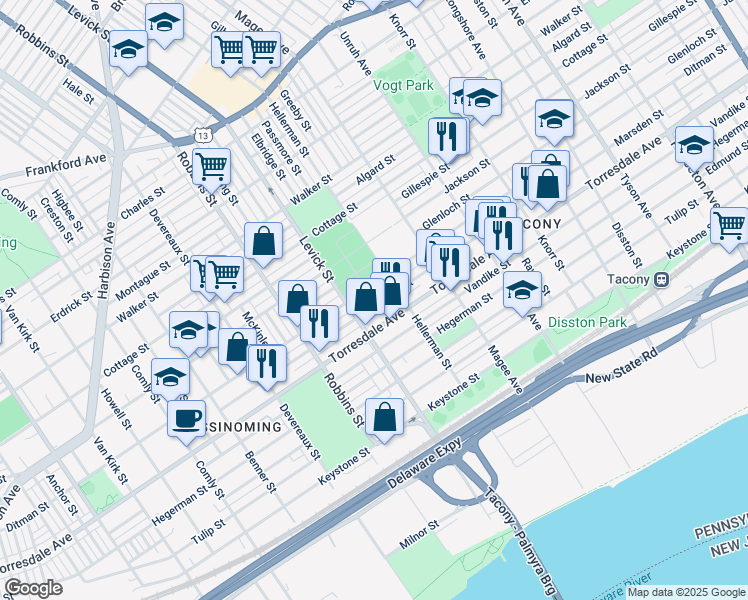 map of restaurants, bars, coffee shops, grocery stores, and more near 6444 Marsden Street in Philadelphia