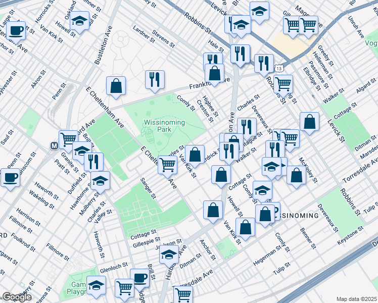 map of restaurants, bars, coffee shops, grocery stores, and more near 5824 Tackawanna Street in Philadelphia