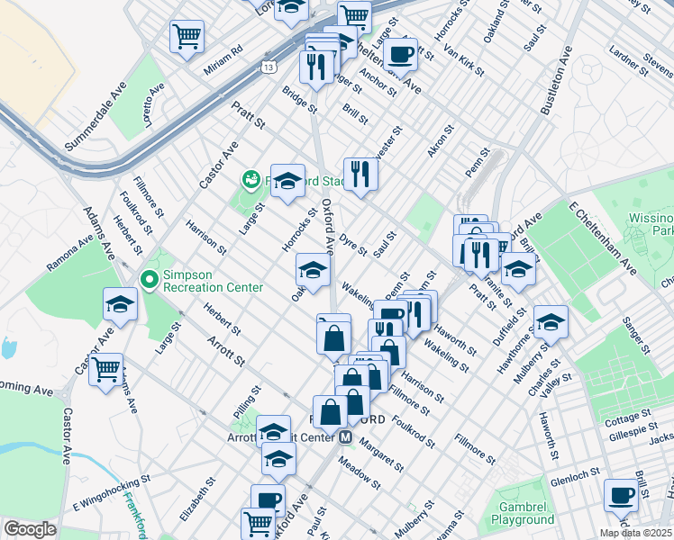 map of restaurants, bars, coffee shops, grocery stores, and more near 5051 Oxford Avenue in Philadelphia