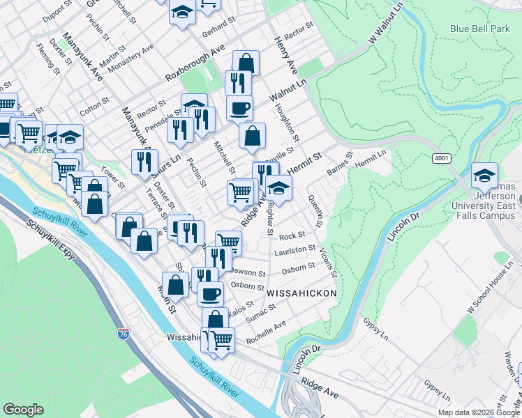 map of restaurants, bars, coffee shops, grocery stores, and more near 5442 Ridge Avenue in Philadelphia