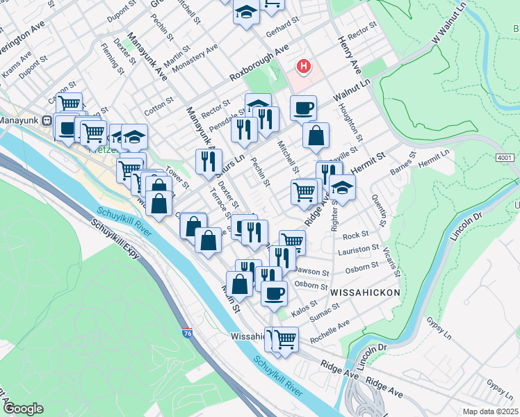 map of restaurants, bars, coffee shops, grocery stores, and more near 3926 Pechin Street in Philadelphia