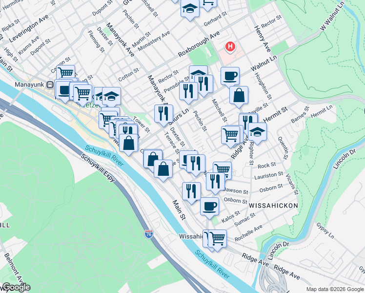 map of restaurants, bars, coffee shops, grocery stores, and more near 4015 Manayunk Avenue in Philadelphia