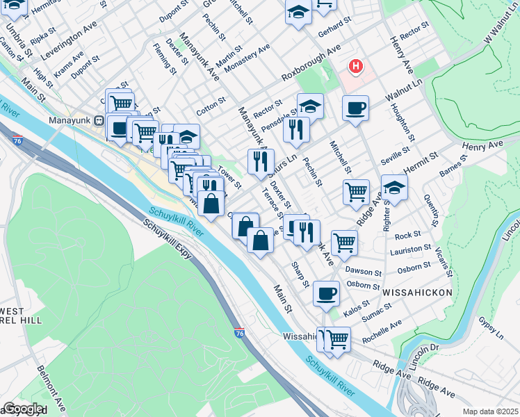 map of restaurants, bars, coffee shops, grocery stores, and more near 133 Kingsley Street in Philadelphia
