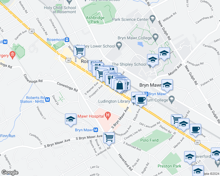 map of restaurants, bars, coffee shops, grocery stores, and more near 903 Lancaster Avenue in Bryn Mawr