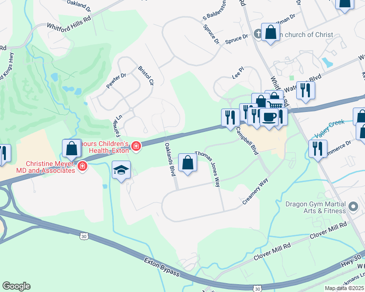 map of restaurants, bars, coffee shops, grocery stores, and more near 501 Thomas Jones Way in Exton