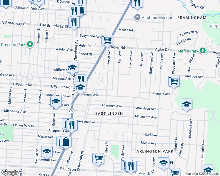 map of restaurants, bars, coffee shops, grocery stores, and more near 2685 Fern Avenue in Columbus