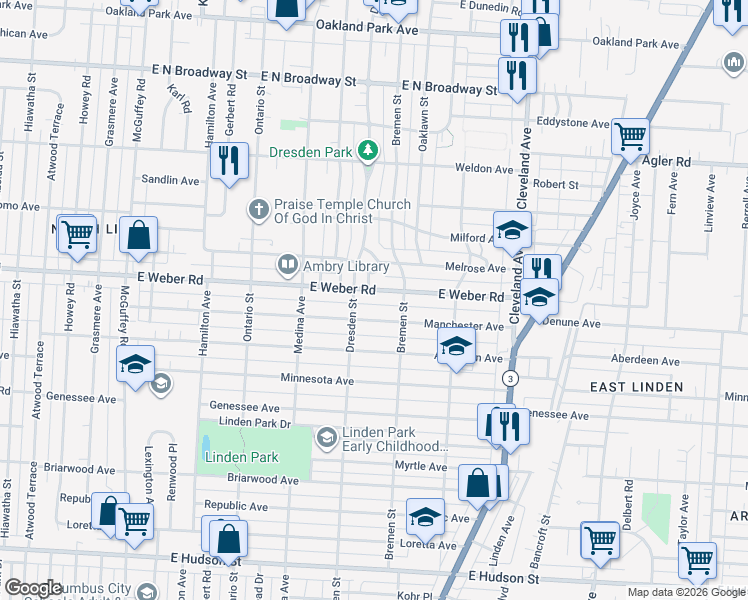 map of restaurants, bars, coffee shops, grocery stores, and more near 1517 East Weber Road in Columbus