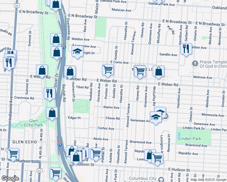 map of restaurants, bars, coffee shops, grocery stores, and more near 2831 Azelda Street in Columbus