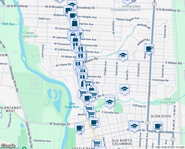 map of restaurants, bars, coffee shops, grocery stores, and more near 63 East Tulane Road in Columbus